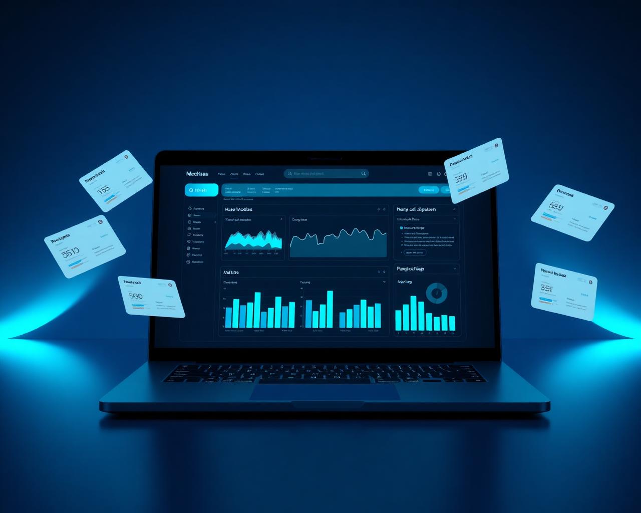 Premium business website mockup on a laptop with floating UI elements